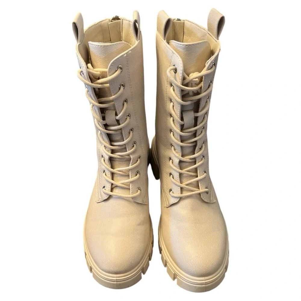 Qupid Renley Wide Heel Combat Boots cream size 6 - Picture 2 of 6